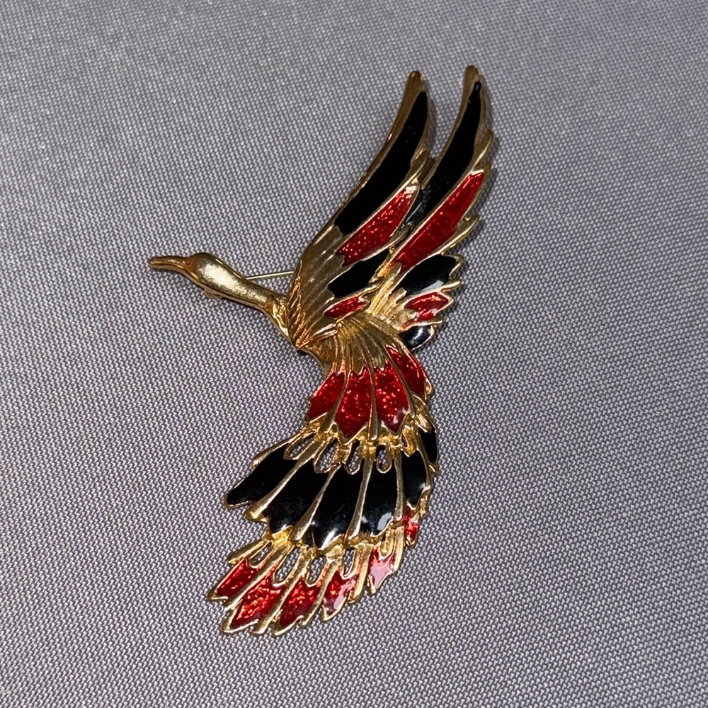 Gold Tone Black and Red Enamel Brooch